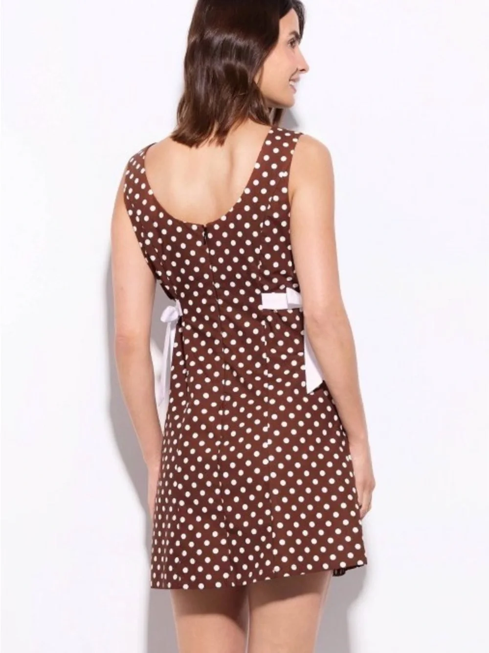NWT wild fable Brown Polka Dot Sleeveless Mini Dress with White Side Ties - Picture 2 of 8